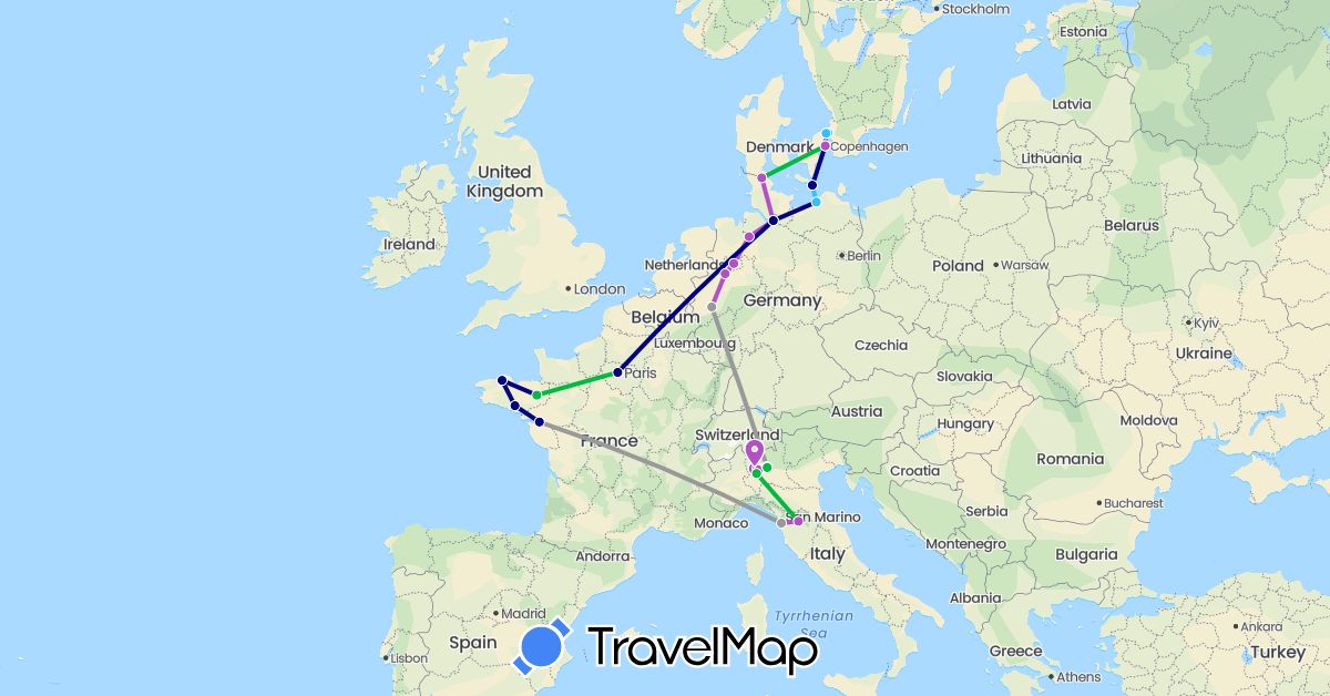 TravelMap itinerary: driving, bus, plane, train, boat in Germany, Denmark, France, Italy, Sweden (Europe)